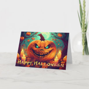 Tarjeta Velas de Calabaza de Ojos Verdes Luna Llena Hallow