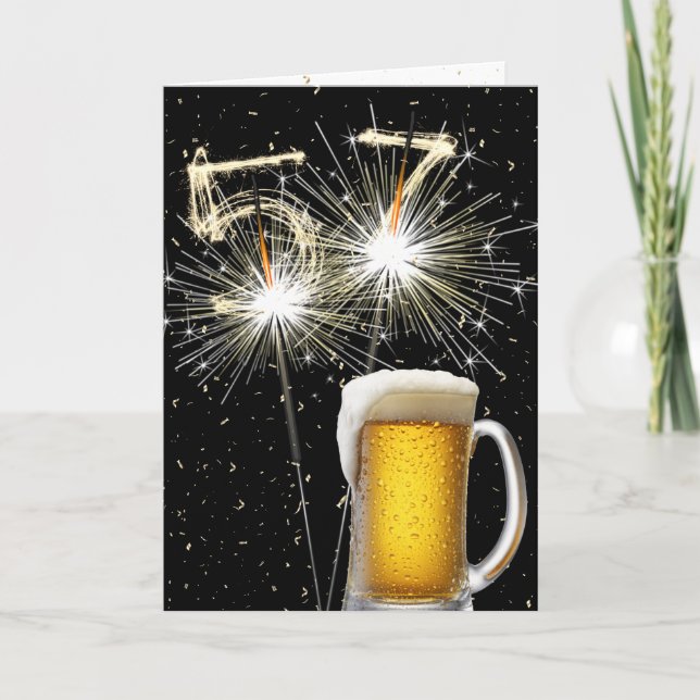 Tarjeta Velas de cumpleaños 57 con jarra de cerveza (Anverso)