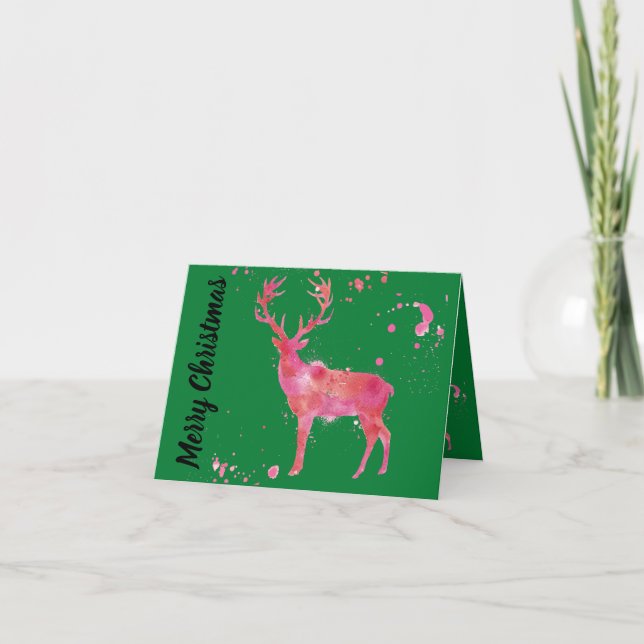 Tarjeta Venado acuarela, verde naranja rosa Feliz Navidad (Anverso)