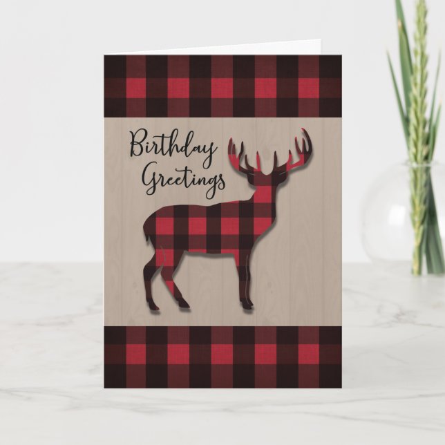 Tarjeta Venado de cumpleaños en rojo negro sobre madera (Anverso)