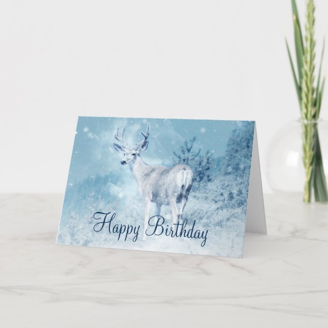 Tarjeta Venado de invierno con pinos feliz cumpleaños (Anverso)