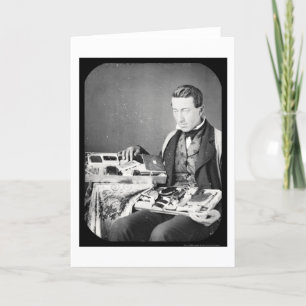 Tarjeta Vendedor que exhibe su Daguerreotype 1852 de las