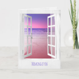 Tarjeta ventana abierta mar púrpura amanecer pensando en t