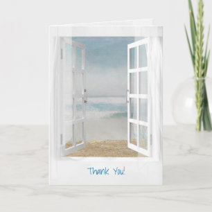 Tarjeta ventana abierta y estrella de mar océano gracias