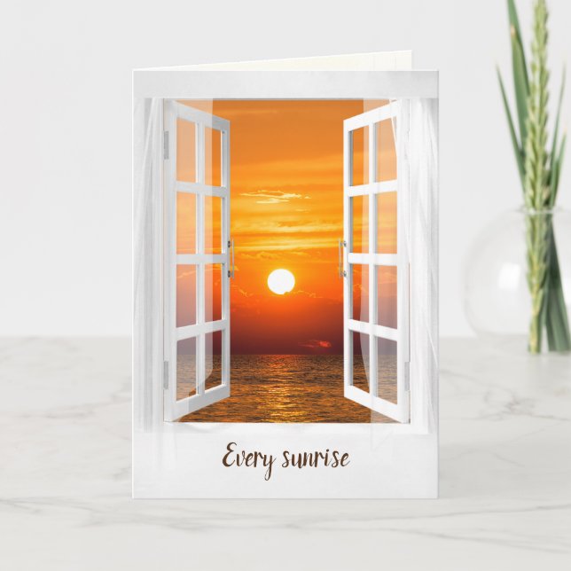 Tarjeta Ventana al amanecer pensando en ti (Anverso)