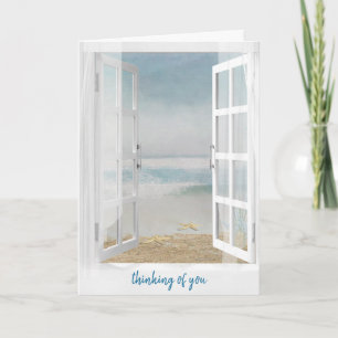 Tarjeta Ventana al océano pensando en ti con estrellas de 