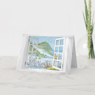 Tarjeta ventana blanca con cumpleaños a orillas del océano