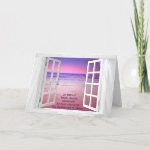 Tarjeta ventana blanca con puesta de sol para agradecer su