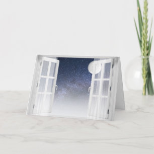 Tarjeta ventana con luna llena y estrellas