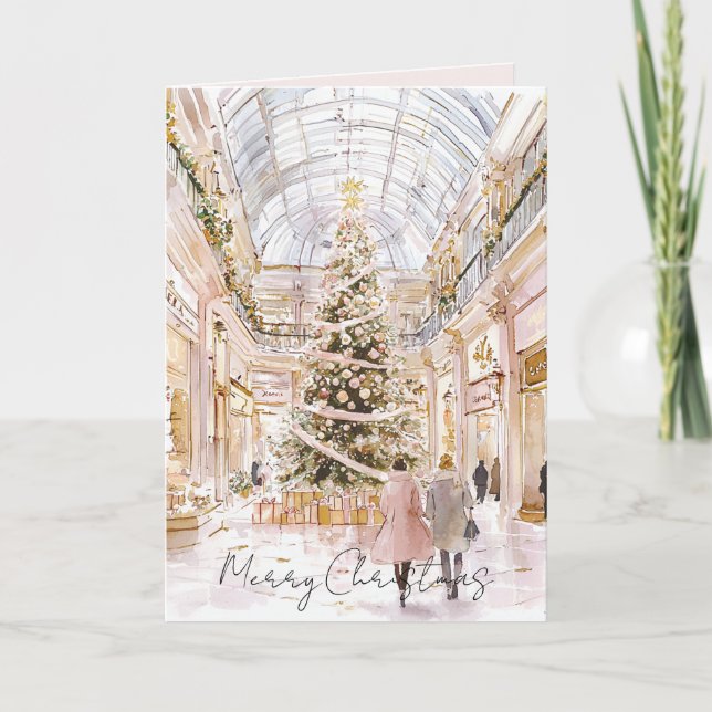 Tarjeta Ventana de árbol de Navidad rosa sonrosado (Anverso)
