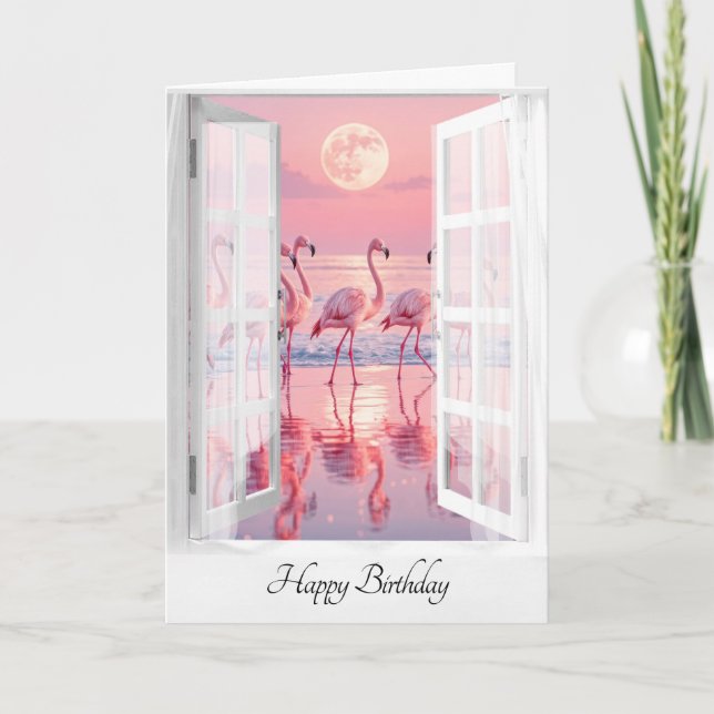 Tarjeta Ventana De Cumpleaños Con Flamingos (Anverso)