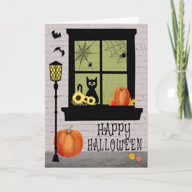 Tarjeta Ventana de Halloween con gato negro y calabazas (Anverso)