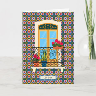 Tarjeta Ventana de la casa de Lisboa con azulejos y planta