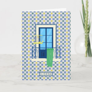Tarjeta Ventana de la casa de Lisboa con azulejos y planta