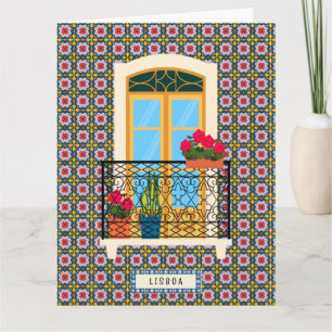 Tarjeta Ventana de la casa de Lisboa con azulejos y planta