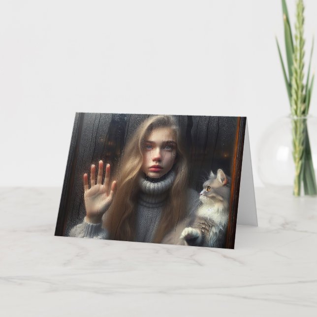 Tarjeta Ventana de vidrio táctil para chica y gato (Anverso)