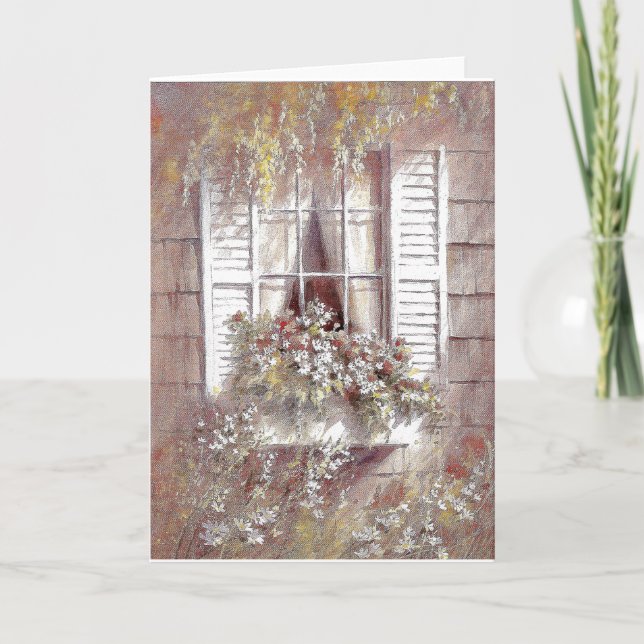 Tarjeta Ventana, flores y postigos Belleza de primavera (Anverso)