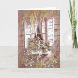 Tarjeta Ventana, flores y postigos Belleza de primavera