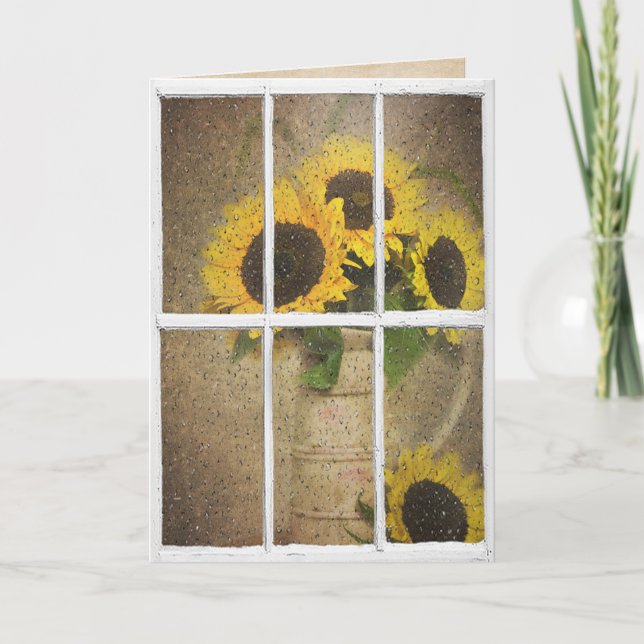 Tarjeta ventana mojada con ramo de girasoles (Anverso)