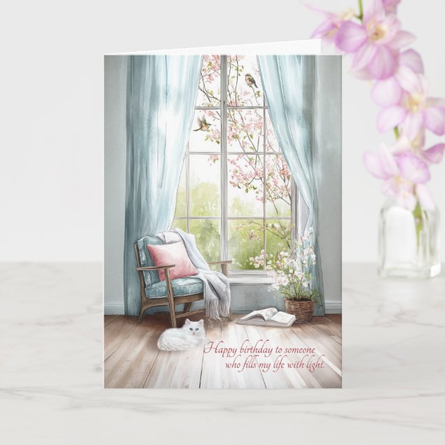 Tarjeta Ventana sentimental de cumpleaños y gatito persa (Orquídea)