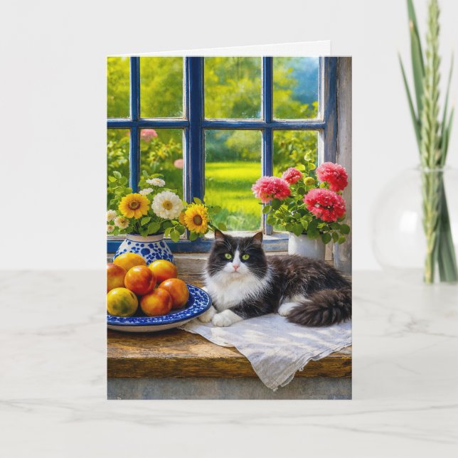 Tarjeta Ventana soleada, gato  (Anverso)