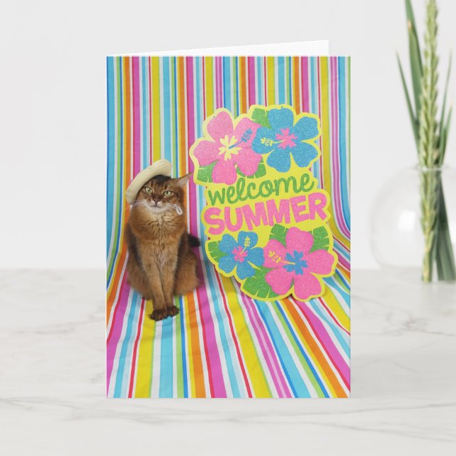 Tarjeta Verano de bienvenida con el gato somalí en verano (Anverso)