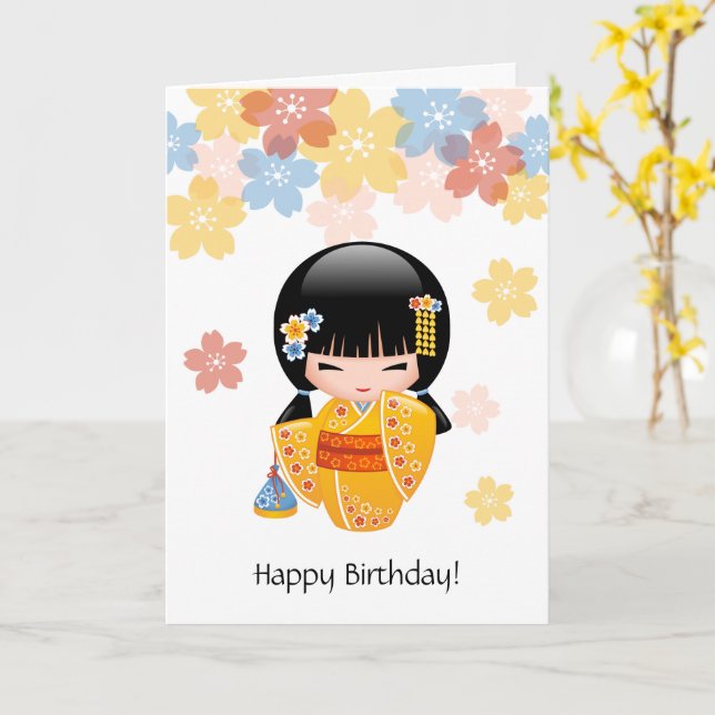Tarjeta Verano muñeca Kokeshi - Aniversario del Chica japo (flor amarilla)