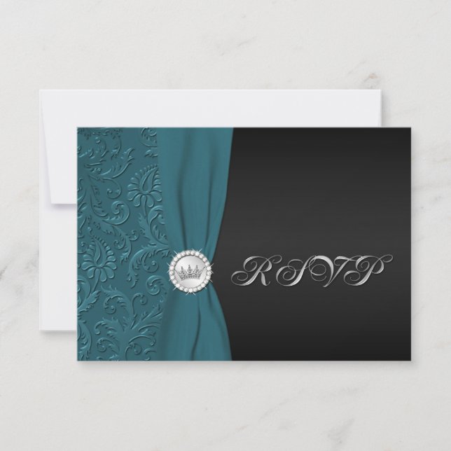 Tarjeta verde azulada y negra de Quinceanera RSVP (Anverso)