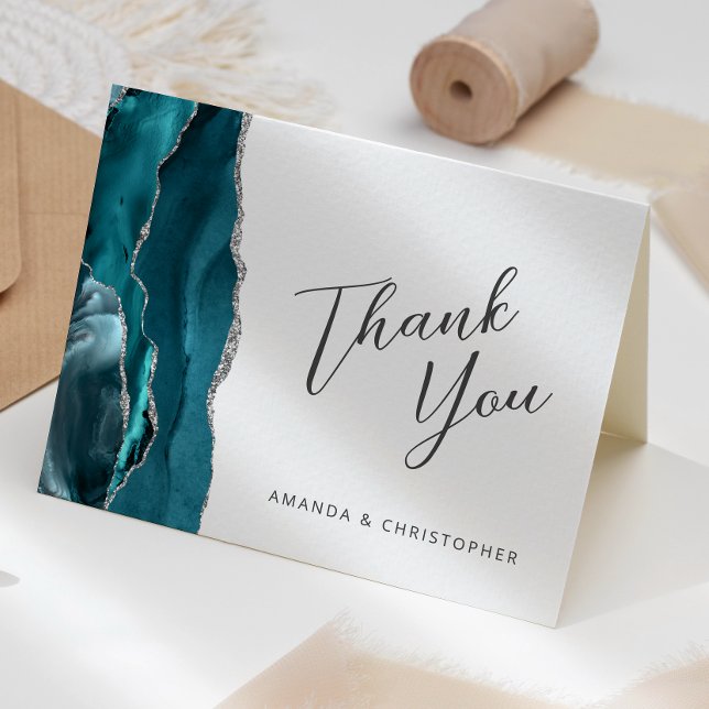 Tarjeta Verde azulado Blue Silver Agate Script Boda Gracia (Subido por el creador)