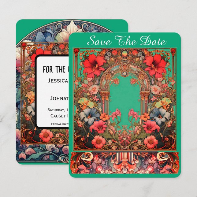 Tarjeta verde de aviso de boda estilo Mucha (Anverso / Reverso)