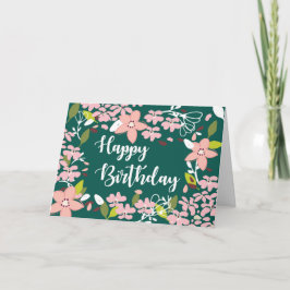 Tarjeta Verde de cumpleaños con flores rosas