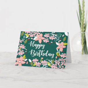 Tarjeta Verde de cumpleaños con flores rosas