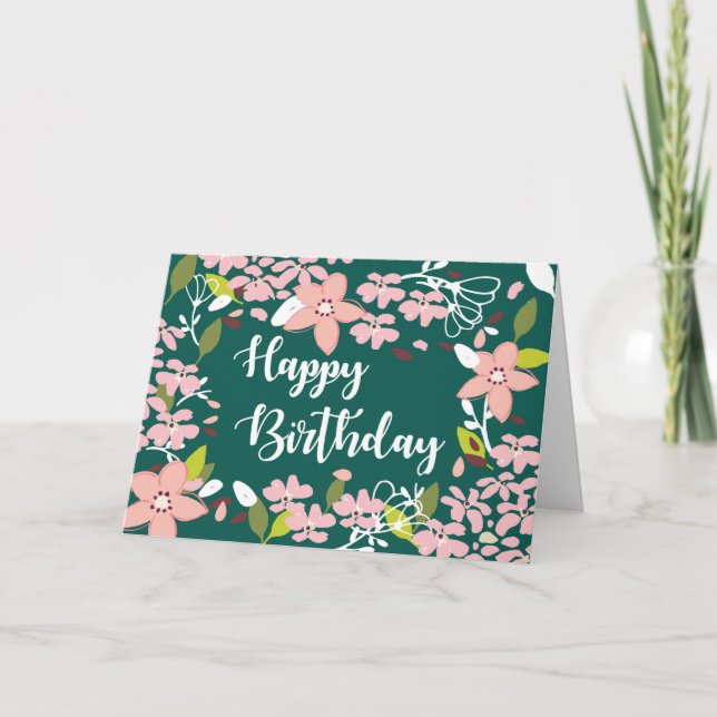 Tarjeta Verde de cumpleaños con flores rosas (Anverso)