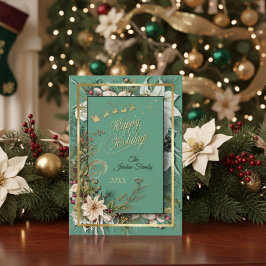 Tarjeta Verde Elegante De Oro Y Navidades Florales