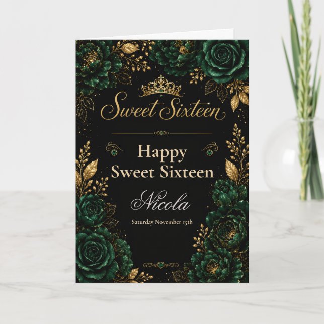 Tarjeta Verde Esmeralda y Cumpleaños Dieciséis Dorado (Anverso)