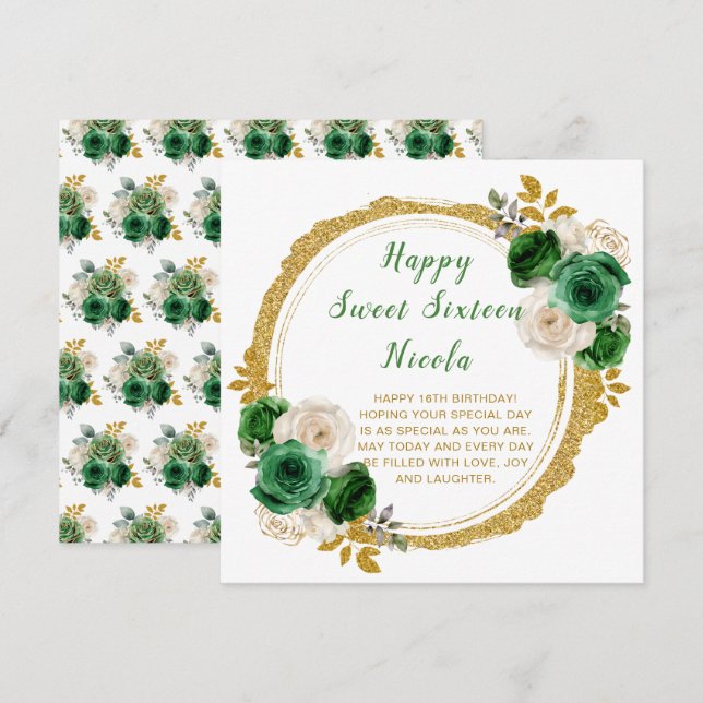 Tarjeta Verde oscuro y dorado Elegantes flores Sweet Sixte (Anverso / Reverso)