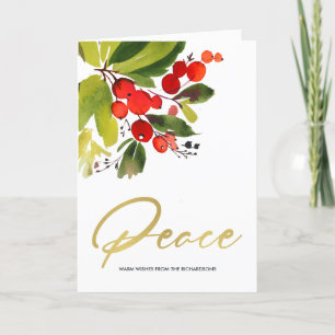 TARJETA VERDE RED BERRIES WATERCOLOR NAVIDADES PAZ