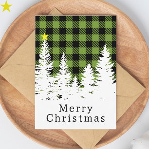 Tarjeta Verde Rústico Cuadro Búfalo Bosque Feliz Navidad