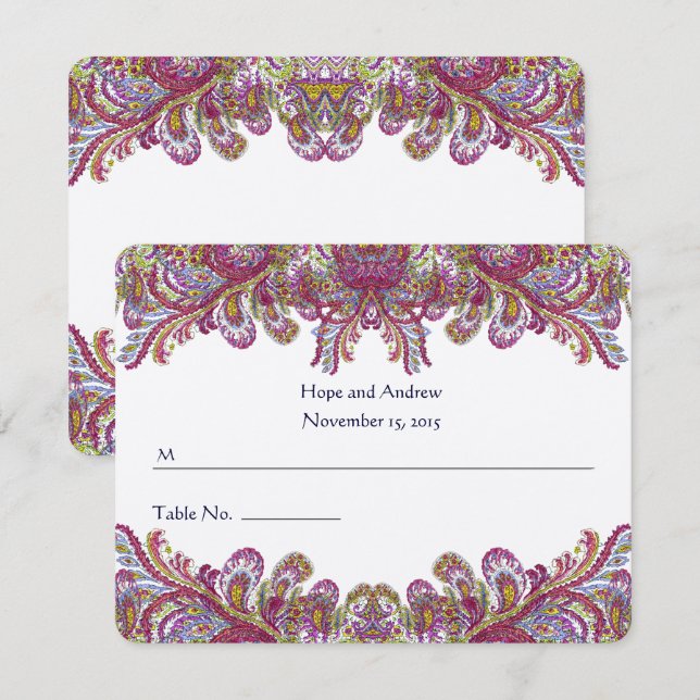 Tarjeta verde y frambuesa Damask Wedding Place (Anverso / Reverso)