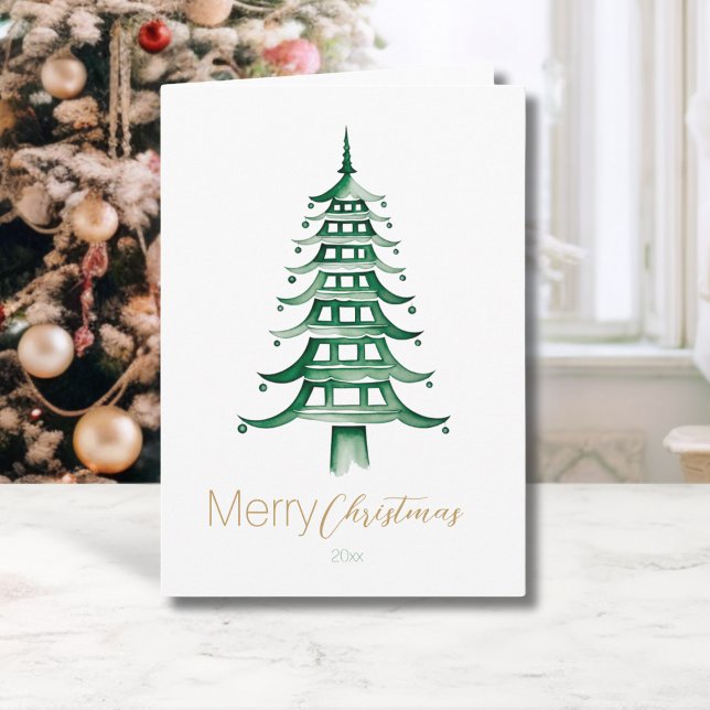 Tarjeta Verdes Chinoiserie Pagoda Árbol de Navidad (Green Chinoiserie Pagoda Christmas Tree Card)