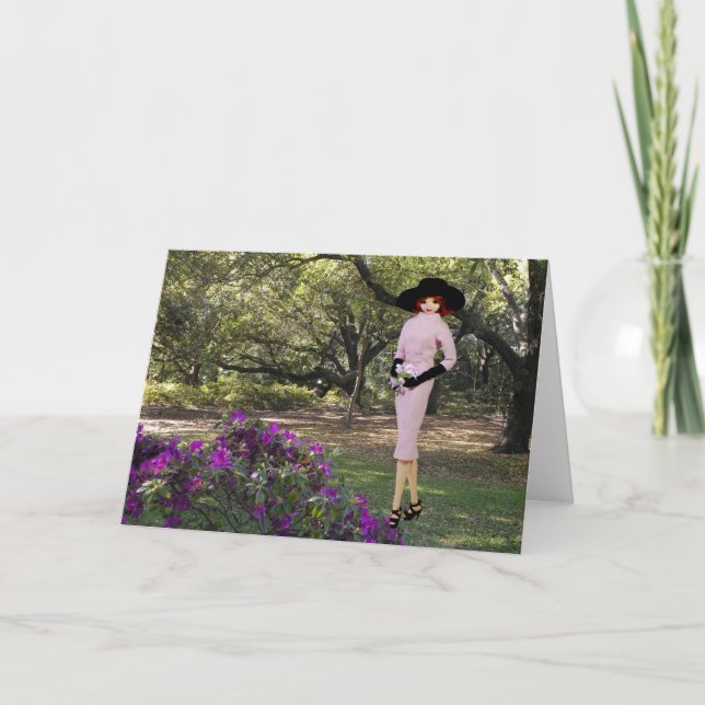 Tarjeta Verdi - traje rosado, floral en Houston, parque (Anverso)