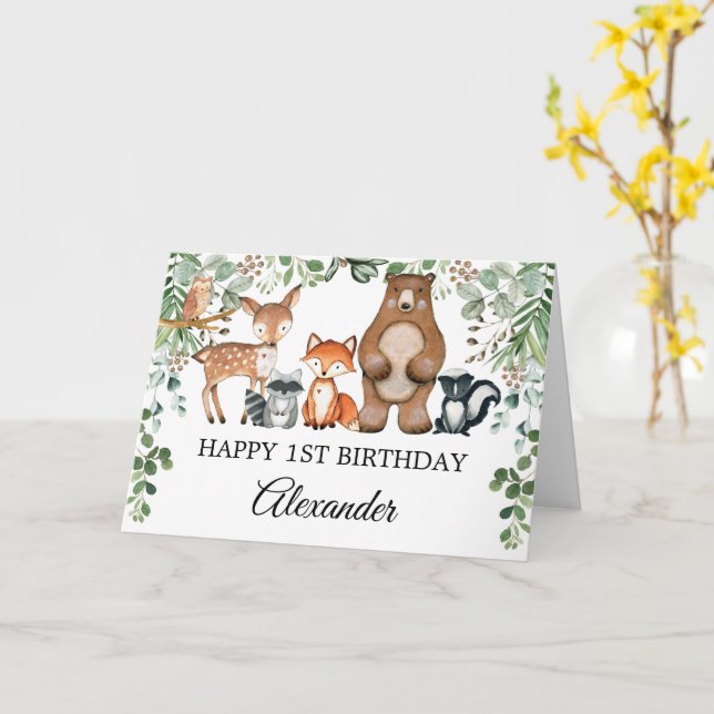 Tarjeta Verdor Bosque de Woodland Animales Felices Cumplea (flor amarilla)