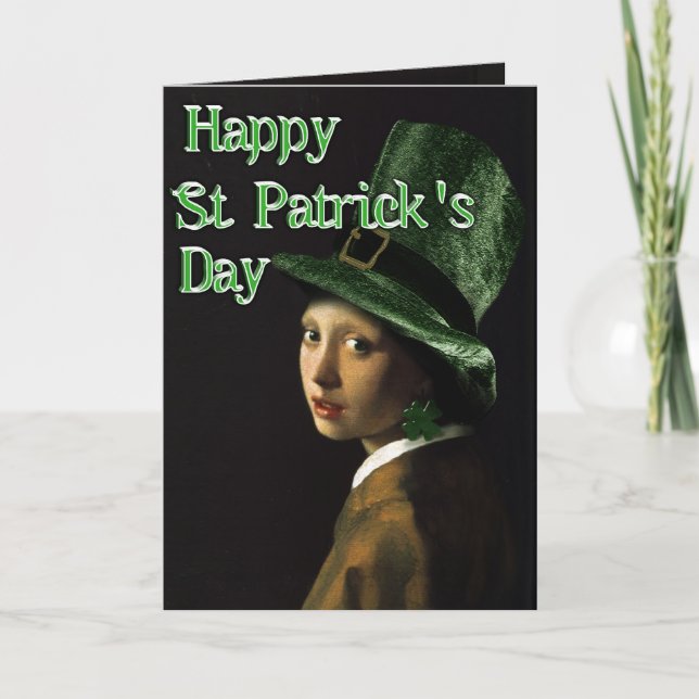 Tarjeta Vermeer Pearl Earring Clover St Patrick's Day (Anverso)