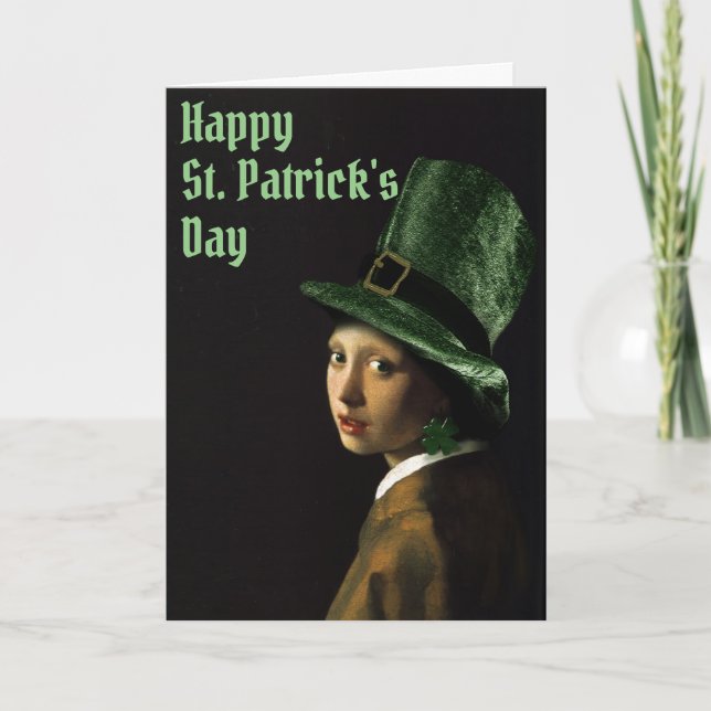 Tarjeta Vermeer Pearl Earring Clover St Patrick's Day (Anverso)