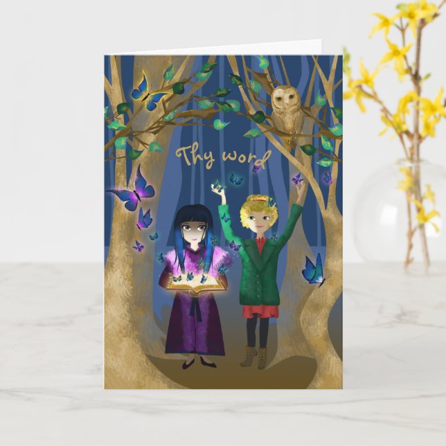 Tarjeta Verso de la Biblia, búho, mariposas: arte de libro (flor amarilla)