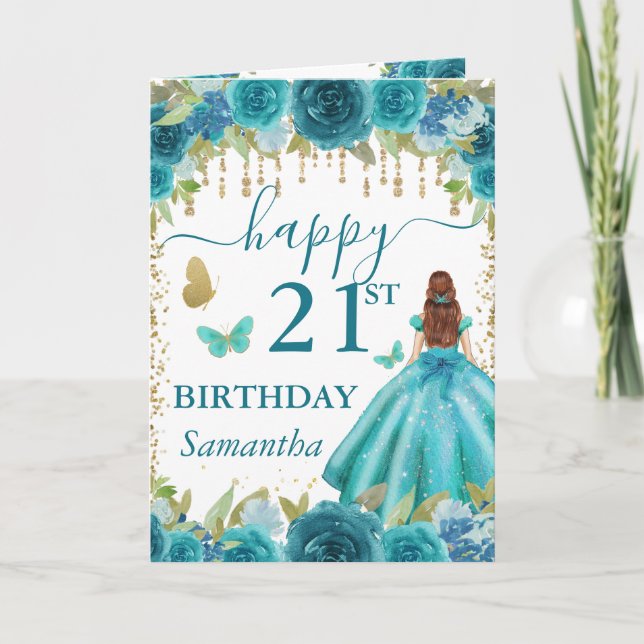 Tarjeta Vestido Acuático Cumpleaños Princesa Pelirroja (Anverso)