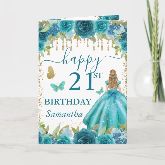Tarjeta Vestido Acuático Princesa de Cabello Rubio Cumplea (Anverso)