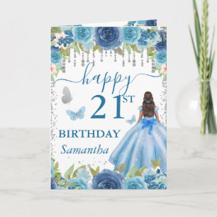 Tarjeta Vestido Azul Claro Cumpleaños Princesa Piel Oscura