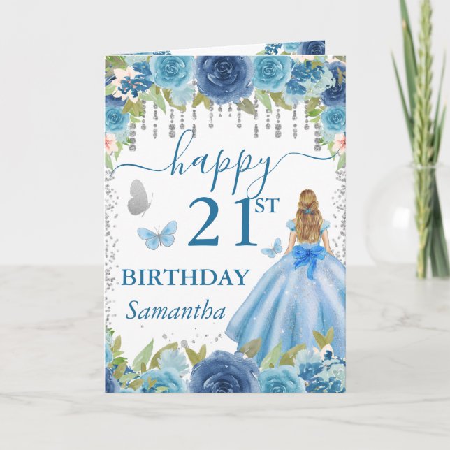 Tarjeta Vestido Azul Claro Cumpleaños Princesa Rubia (Anverso)
