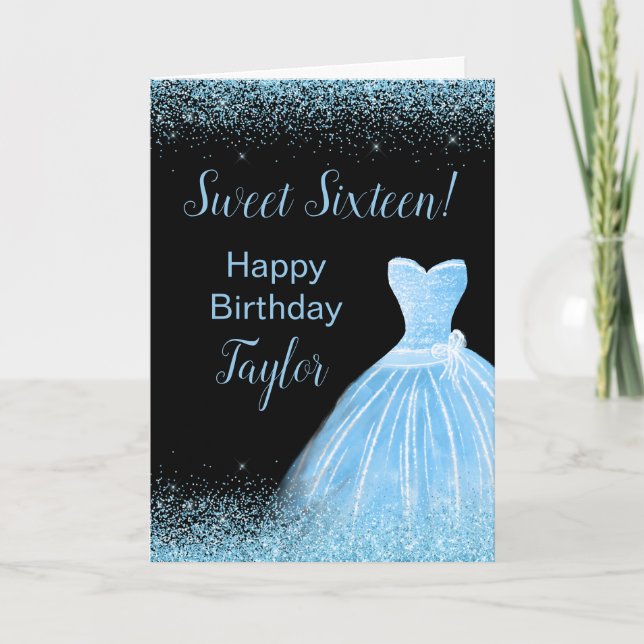 Tarjeta Vestido azul claro Faux Purpurina Sweet 16 cumplea (Anverso)